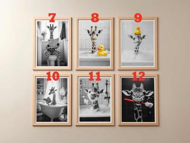 Giraffe in The Bathroom Print - Home Prints Funny Poster Room Art Wall Black & White Colour Pop - image 1