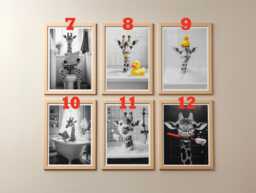 Giraffe in The Bathroom Print - Home Prints Funny Poster Room Art Wall Black & White Colour Pop - thumbnail 1