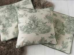 Toile De Jouy Cushion Cover - Green Offwhite Classic French Cotton Fabric For Timeless Interiors