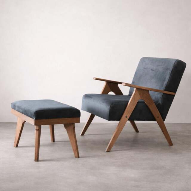 Mid Century Armchair & Ottoman Set Dark Grey Upholstery, Solid Beech Frame, Handmade - image 1