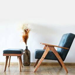 Mid Century Armchair & Ottoman Set Dark Grey Upholstery, Solid Beech Frame, Handmade - thumbnail 2