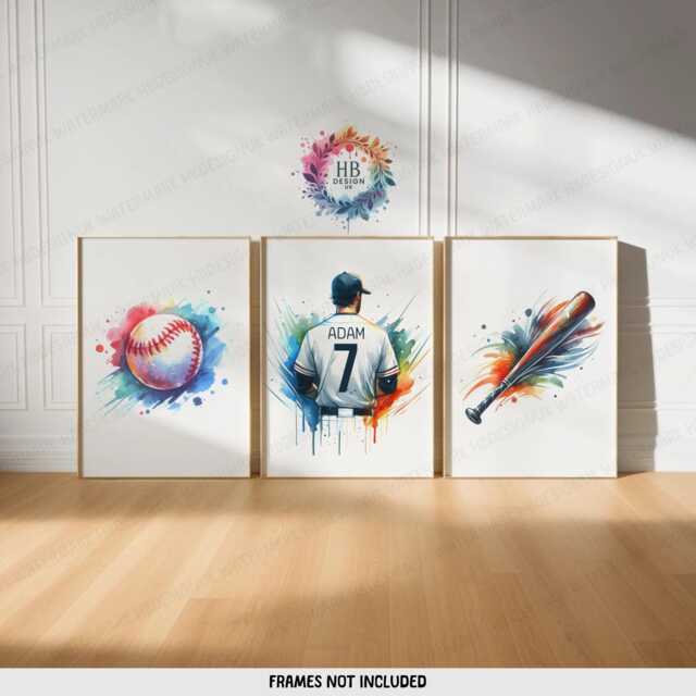 Personalized Baseball Posters - Set Of 3 Prints - Custom Boys Bedroom Decor Kids Wall Art Colorful - image 1