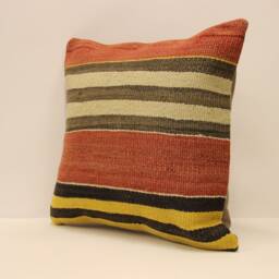 Handwoven Turkish Kilim Pillow, 16x16 Boho Throw Bohemian Pillow, Kilim Cushion Cover, Home Decor 4Kf-582 - thumbnail 3