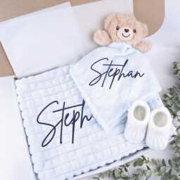 Embroidered Blue Teddy Comforter Blanket Gift Set - Baby Shower Booties Newborn Girl Boy