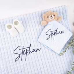 Embroidered Blue Teddy Comforter Blanket Gift Set - Baby Shower Booties Newborn Girl Boy - thumbnail 2
