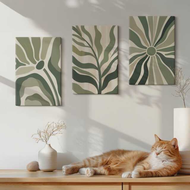 Canvas Art Set Of 3 - Plant Patterns in Shades Green & Beige, Wall Art, Plants Flowers Hanging Piece - image 1