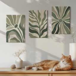 Canvas Art Set Of 3 - Plant Patterns in Shades Green & Beige, Wall Art, Plants Flowers Hanging Piece - thumbnail 1