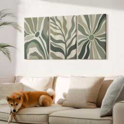 Canvas Art Set Of 3 - Plant Patterns in Shades Green & Beige, Wall Art, Plants Flowers Hanging Piece - thumbnail 2