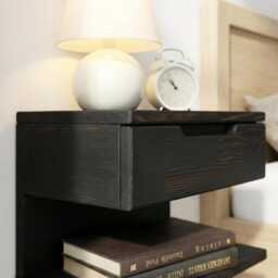 Black Floating Nightstand - Wall Mounted With Drawer Wood Bedside Shelf & Handmade Table - thumbnail 2