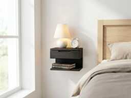 Black Floating Nightstand - Wall Mounted With Drawer Wood Bedside Shelf & Handmade Table