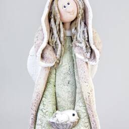 Clay Angel Sculpture- Guardian Angel With A Bird - Of Wellbeing Figurine- Thoughtful Gift Ceramic Statue - thumbnail 3