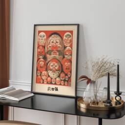 Daruma Dolls Lithograph With Kanji Japanese Good Fortune Home Wall Art Print Red Orange Illustration Style Decor - thumbnail 1