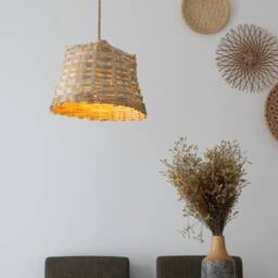 Large Woven Bamboo Pendant Light Lampshade Repurposed Ethnic Cabbage Basket Bowl - Restaurant Cafe Lighting - thumbnail 2