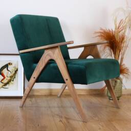 Mid Century Armchair, Green Velvet, Solid Beech Frame, Handmade in Europe - thumbnail 3