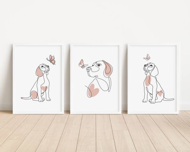 Boho Dog Line Art Print Set Love Heart Puppy Decor - Unframed - image 1