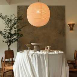 Large Linen Pendant Light For Dining Room - Japandi Ceiling Handmade Fabric Shade Margot - thumbnail 2