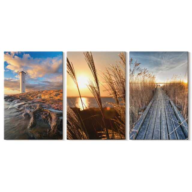Set Of 3 Canvas Prints - View The Lighthouse By Sea, Grass & A Wooden Pier, Yellow Wall Art Print, Landscapes Hanging Piece - image 1