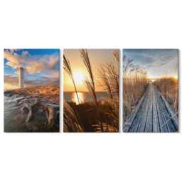 Set Of 3 Canvas Prints - View The Lighthouse By Sea, Grass & A Wooden Pier, Yellow Wall Art Print, Landscapes Hanging Piece - thumbnail 1