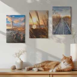 Set Of 3 Canvas Prints - View The Lighthouse By Sea, Grass & A Wooden Pier, Yellow Wall Art Print, Landscapes Hanging Piece - thumbnail 2