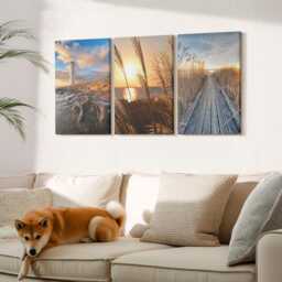 Set Of 3 Canvas Prints - View The Lighthouse By Sea, Grass & A Wooden Pier, Yellow Wall Art Print, Landscapes Hanging Piece - thumbnail 3