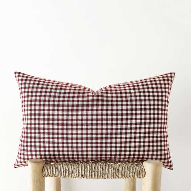 Burgundy Gingham Lumbar Pillow Cover - Plaid Cotton Linen Cushion - image 1