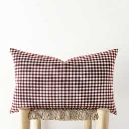 Burgundy Gingham Lumbar Pillow Cover - Plaid Cotton Linen Cushion