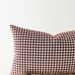 Burgundy Gingham Lumbar Pillow Cover - Plaid Cotton Linen Cushion - thumbnail 2
