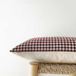 Burgundy Gingham Lumbar Pillow Cover - Plaid Cotton Linen Cushion - thumbnail 3