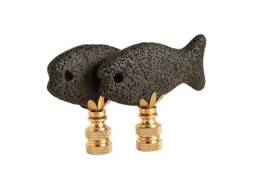 Pumice Fish Lamp Finials On Brass Hardware - A Matching Pair in Black & Gold - thumbnail 1