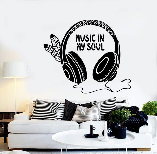 Wall Decal Music Headphones Feather Soul Guaranteed Quality Vinyl Sticker Mural Art 1584Dz - image 1