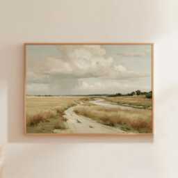Countryside River Poster, Golden Field Print, Landscape Wall Art, Paper - thumbnail 1