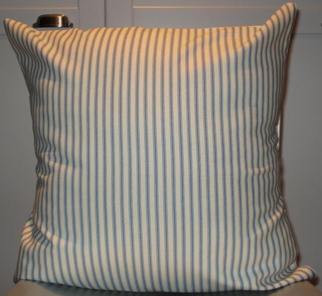 New 18x18 Inch Designer Handmade Pillow Case in Pool Blue Ticking Stripe On White - image 1