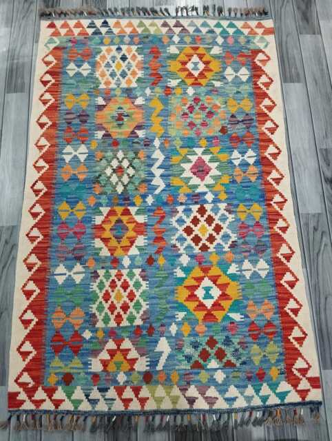 Multicolour Rug, Handmade Artisan Afghan Turkish Scandinavian Navajo Bohemian Flatweave Wool Kilim 152x99 cm - image 1
