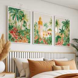 Moroccan Wall Art Set Of 3, Islamic Garden Poster Set, Arabic Architecture Print, Watercolor Mosque Decor, Boho Tropical - thumbnail 3