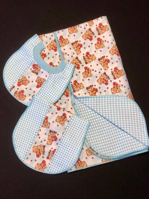 Teddy Bear Receiving Blanket Pull On Over Bib & Burp Cloth, Rayon Pearl Crown Finished Edge, Red Hearts Blue Check Flannel Fabric, Baby Gift - image 1
