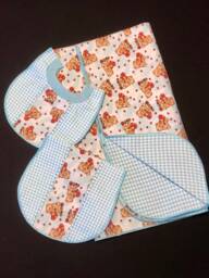 Teddy Bear Receiving Blanket Pull On Over Bib & Burp Cloth, Rayon Pearl Crown Finished Edge, Red Hearts Blue Check Flannel Fabric, Baby Gift - thumbnail 1