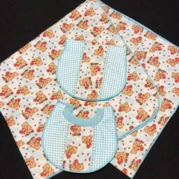 Teddy Bear Receiving Blanket Pull On Over Bib & Burp Cloth, Rayon Pearl Crown Finished Edge, Red Hearts Blue Check Flannel Fabric, Baby Gift - thumbnail 2