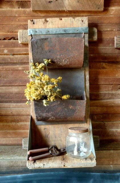 Vertical Wall Planter Boxes Repurposed Conveyor Cups On Vintage Wood Shelf - image 1