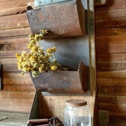 Vertical Wall Planter Boxes Repurposed Conveyor Cups On Vintage Wood Shelf - thumbnail 3