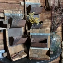 Vertical Wall Planter Boxes Repurposed Conveyor Cups On Vintage Wood Shelf - thumbnail 4