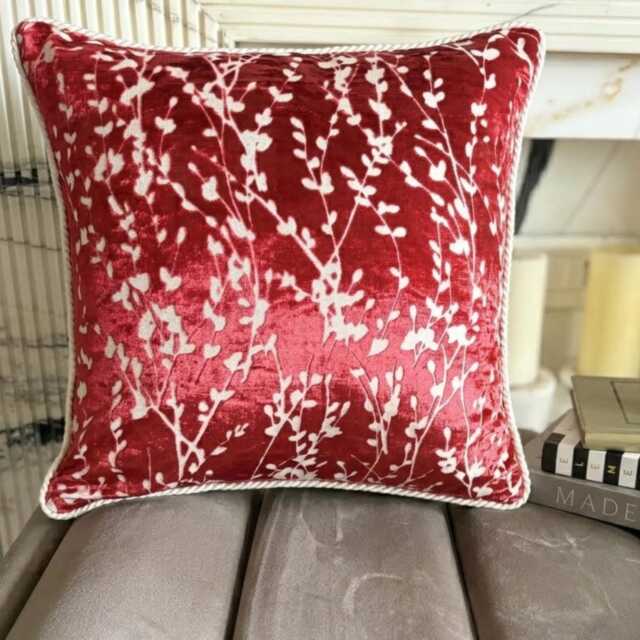 Cayenne Red Burnout Velvet, Nature & Floral Pattern, Contemporary Throw Pillow Cover/Euro Sham - Drops - image 1