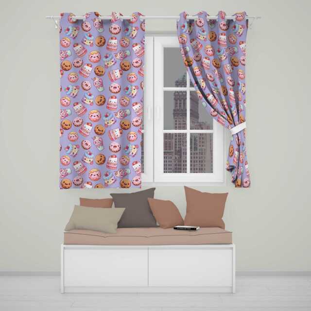 Kawaii Donut Cake Cupcake Sweet Dessert Seamless Pattern Lavender Readymade Eyelet Ring Top Thermal 100% Blackout Curtains - image 1