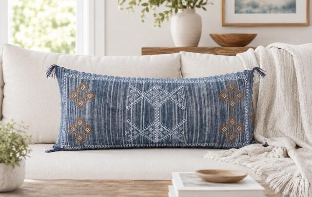 Textured Blue 12x28 Linen Lumbar Pillow Cover - Embroidered Geometric Cushion With Corner Tassels Moroccan Sabra Style - image 1