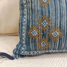 Textured Blue 12x28 Linen Lumbar Pillow Cover - Embroidered Geometric Cushion With Corner Tassels Moroccan Sabra Style - thumbnail 3