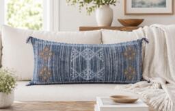 Textured Blue 12x28 Linen Lumbar Pillow Cover - Embroidered Geometric Cushion With Corner Tassels Moroccan Sabra Style