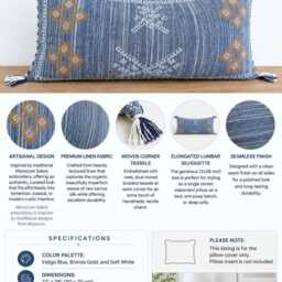 Textured Blue 12x28 Linen Lumbar Pillow Cover - Embroidered Geometric Cushion With Corner Tassels Moroccan Sabra Style - thumbnail 4