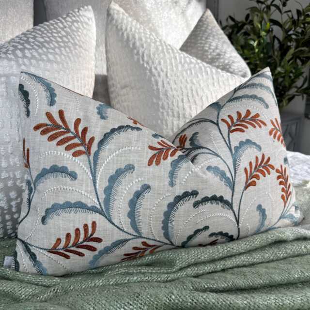 "Embroidered Leaf Cushion Cover - Designer Jouvene Fabric, 12""x20" - image 1