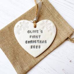 Personalised Baby's First Christmas Bauble Heart Decoration, Ornament, My Tree Keepsake Gift - thumbnail 1