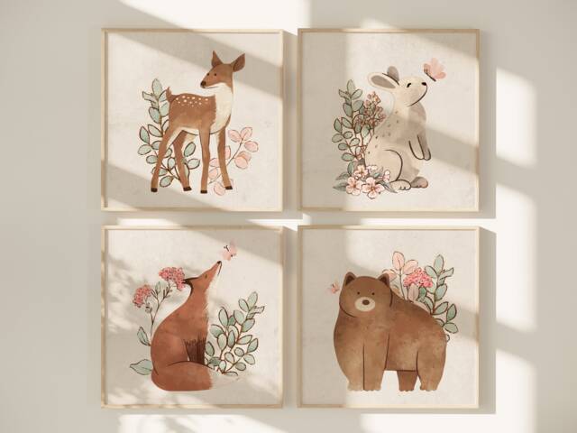Square Nursery Prints, Woodland Animals, Wall Decor, Girls Neutral Pictures - image 1