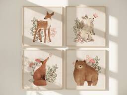 Square Nursery Prints, Woodland Animals, Wall Decor, Girls Neutral Pictures - thumbnail 1